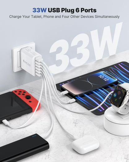 Tupneuf 33W USB Plug Fast Charge, 6-Port Multi Charger Plug UK Charging Power Adapter Multiple Quick Charge 3.0 Wall Mains Plug for iPhone 16 15 14 13 12 11 Pro Max X XR XS 8 7 6 6S Plus 5 5S SE, iPad