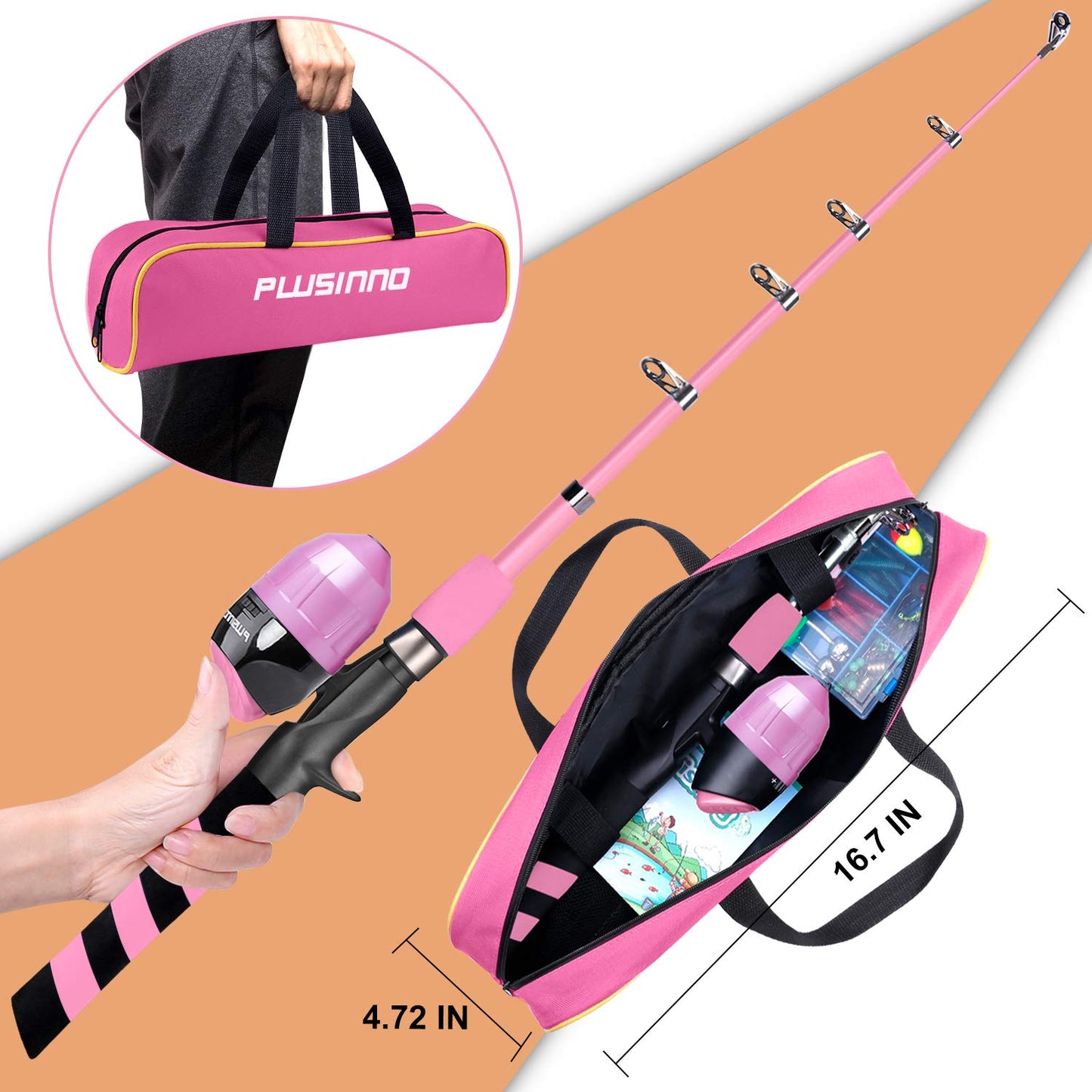 PLUSINNO Kids Fishing Pole, Portable Telescopic Fishing Rod and Reel Combo Kit - with Spincast Fishing Reel Tackle Box for Boys, Girls, Youth (Pink, 1.2M 3.94Ft)