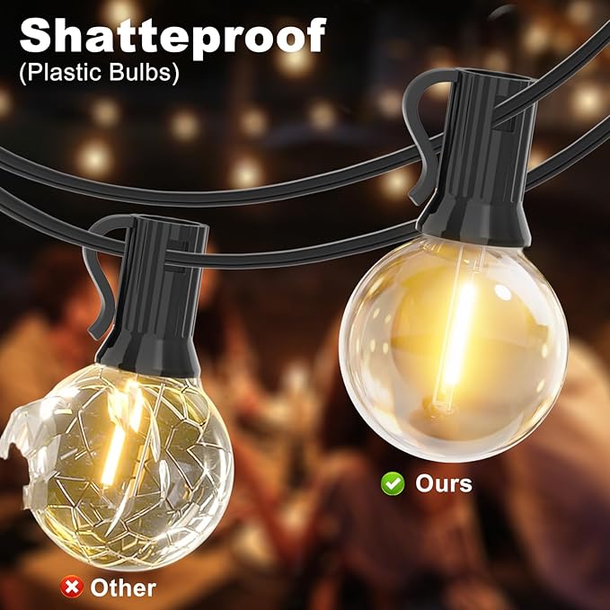 LED String Lights 100FT Outdoor - 50 Shatterproof G40 Bulbs +2 Spare, Waterproof Connectable for Patio Garden Party (Warm White 2700K)