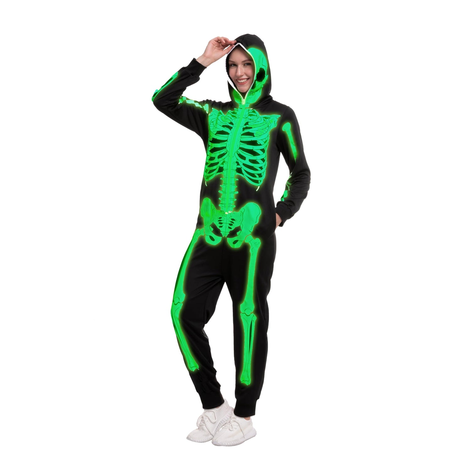 Spooktacular Creations Skeleton Costume Adult Women, Glow in the Dark Costume, Plush Skeleton Pajama Zippered Hoodie for Halloween Dress Up Parties-M