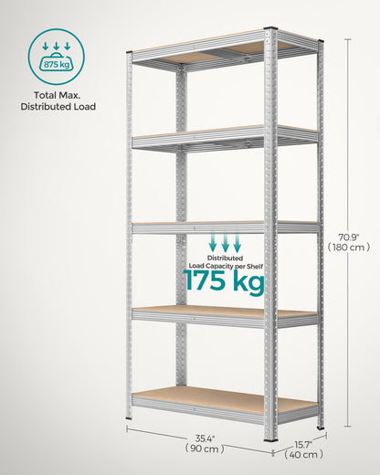 SONGMICS 5-Tier Heavy-Duty Shelving Units, Set of 2 Steel Shelving Units for Storage, Boltless Assembly, for Garage, Shed, Load Capacity 875 kg, 40 x 90 x 180 cm, Silver GLR040E02