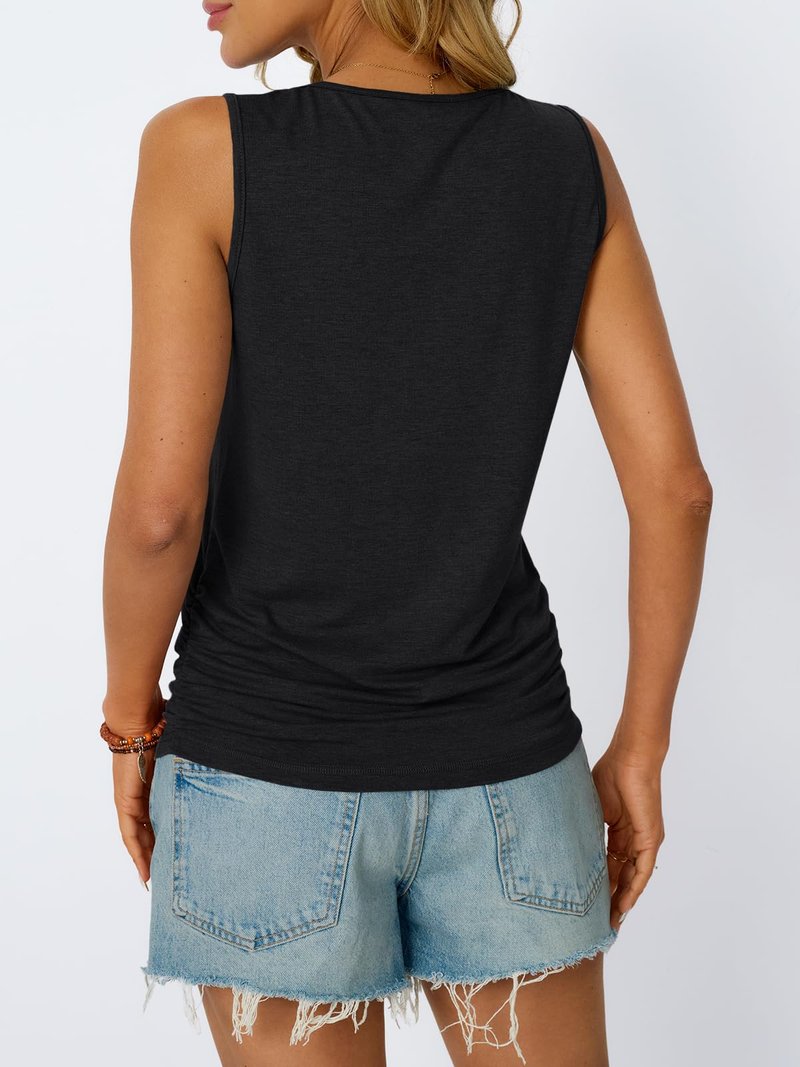 AUTOMET Womens Summer Tank Tops 2026 Sleeveless Square Round Neck Ruched Spring Casual Tee Shirts Basic Loose Fit Flowy Dressy Cute Beach Vacation Outfits Trendy Clothes Black M