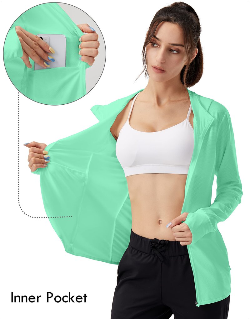 Soothfeel Women's UPF 50+ Sun Protection Hoodie Jacket Lightweight Long Sleeve Sun Shirt for Women with Pocket Hiking Outdoor Bright Green L