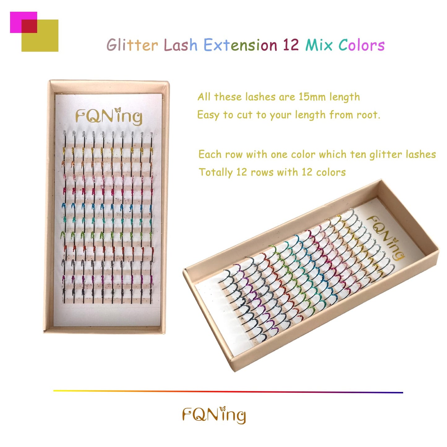 FQNing Glitter Lash Extensions Laser 12 Colors Individual Spikes Eyelash Extension Professional Supplies 15mm (Mix-12 Colors)