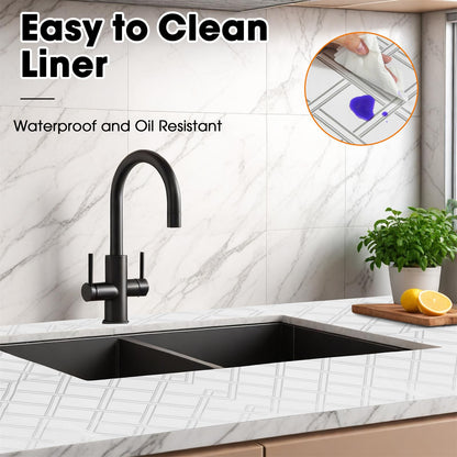 Drawer and Shelf Liner for Kitchen Cabinets Non-Adhesive Cabinet Liners for Shelves Strong Grip Non Slip Waterproof Cupboard Liner for Dresser Refrigerator, Bathroom,Silver Geometric,17.5IN X 10FT