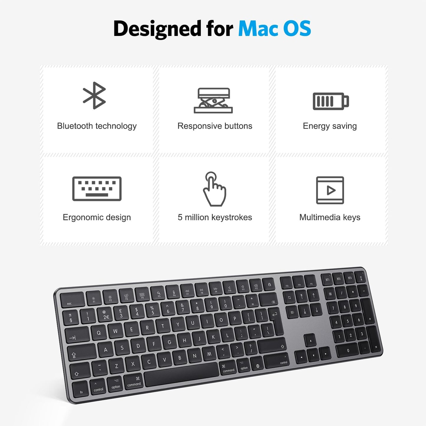 OMOTON Wireless Bluetooth Keyboard for Mac (MacBook/MacBook Air/MacBook Pro/iMac/iMac Pro/Mac Pro), Rechargeable Keyboard for Mac OS, with 3 Bluetooth channels, Quiet Typing, QWERTY