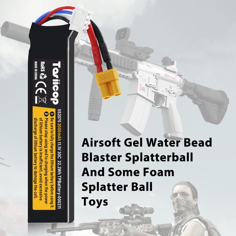Tosiicop Airsoft Gel Blaster Battery - 11.1V 2000mAh Airsoft Lipo Batteries 3S for Water Bead Splat Ball Splatter XT-30 Plug with XH-4P Connector Rechargeable Charging Cable