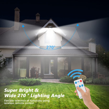Mokot Solar Outdoor Lights, 288 LED IP65 Waterproof Motion Sensor Outdoor Lights with Remote Control, 4 Heads Solar Flood Wall Lights for Outside Garden Patio Yard - 2Pack