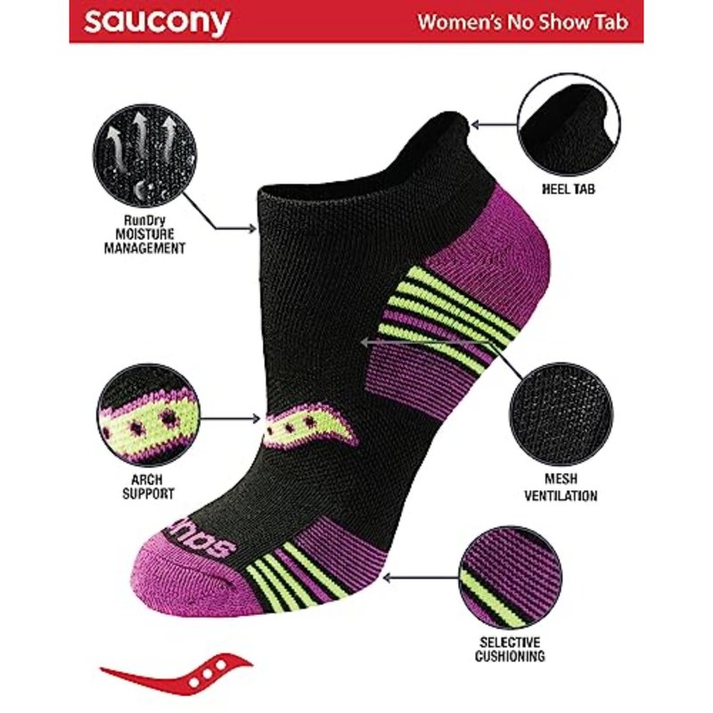 Saucony Women's RunDry Performance 8, 16 Pairs Heel Tab Athletic Socks, S-L, Black Assorted (8 Pairs), Large