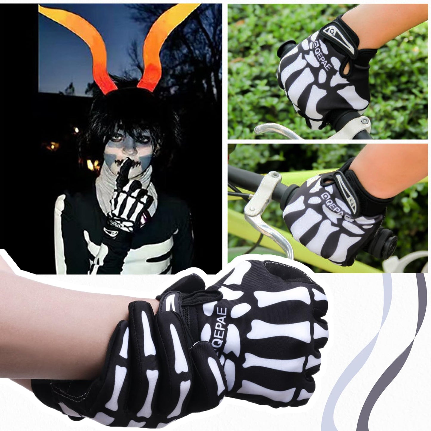 TRIWONDER Skeleton Gloves Cycling Gloves Skull Gloves for Men Women Kids for Bike Bicycle Motorcycles Sports Workout Riding Halloween Breathable Shock-Absorbing (Black - Full Finger, L)