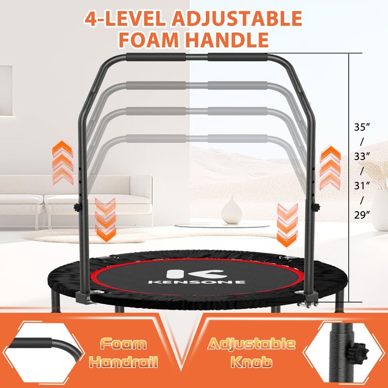 K KENSONE 40” Mini Flodable Spring Rebounder Trampoline for Adults with Adjustable Bar, Small Exercise Trampoline for Indoor Workout and Fitness, Purple Resistance Band Included, Max Load 330 LBS