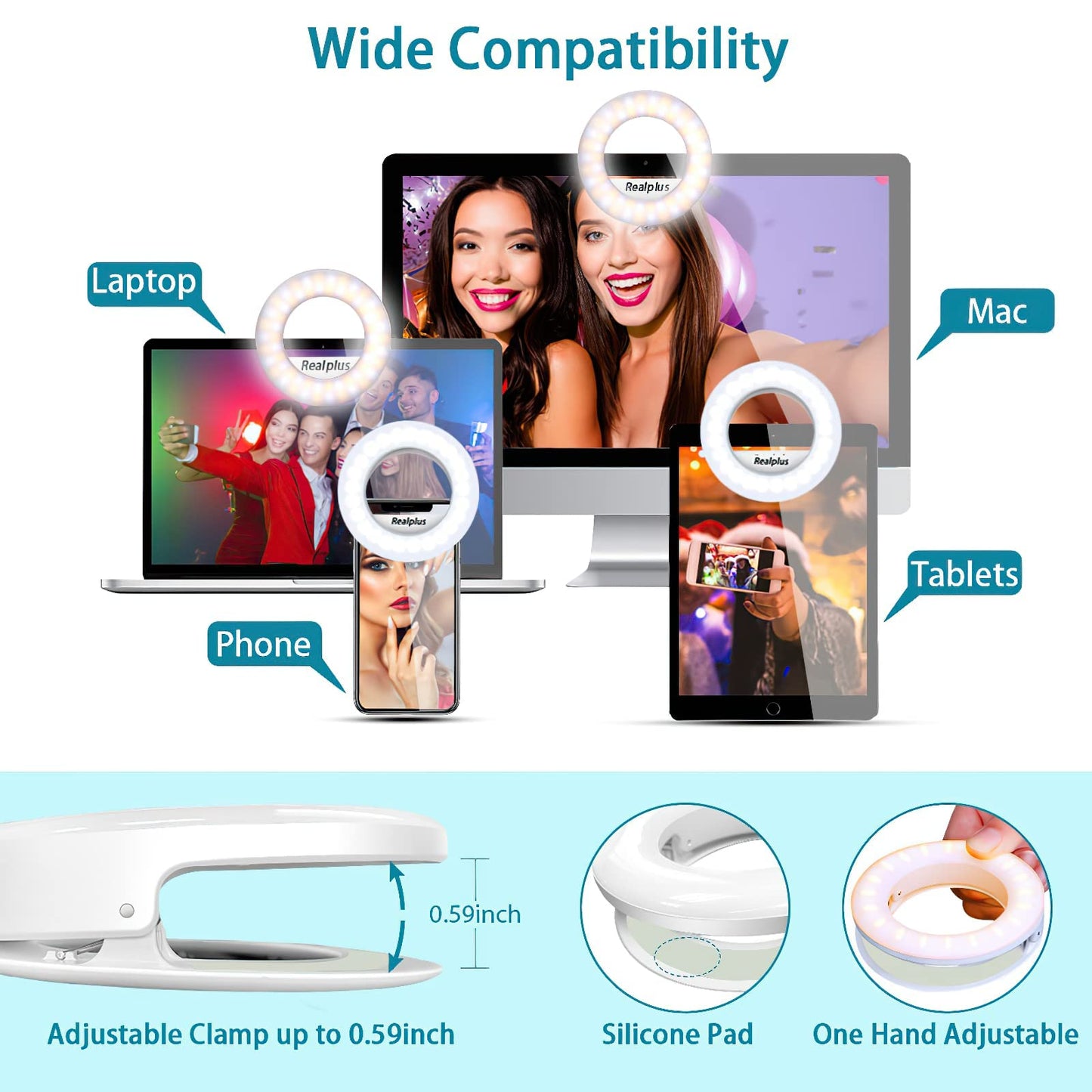 RealPlus Clip-on Selfie Ring Light [Rechargeable] with 40 LEDs and 3 Light Modes, Dimmable for Phone, Tablet, Laptop, Zoom Meeting, Makeup, Video