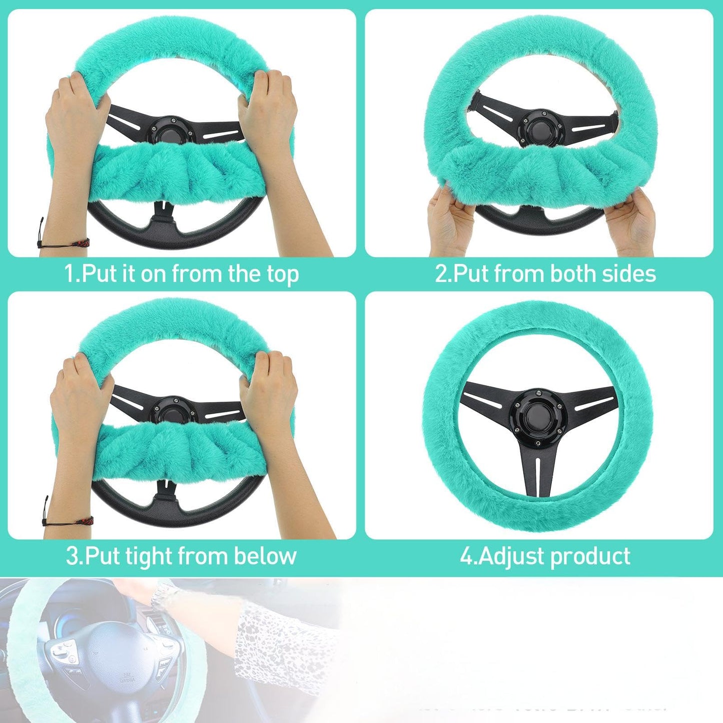 Frienda 6 Pieces Fluffy Car Accessories Set Bling Fluffy Steering Wheel Cover Soft Fuzz Handbrake Gear Shift Cover Bling Mirror Fuzz Car Pad Decoration(Mint Green)