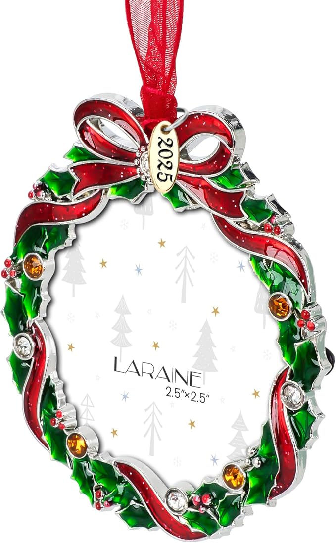 Laraine Christmas Tree Ornaments – Decorative Hanging 2025 Holiday Keepsake Gift Pendant with 2.5" Photo Frame Insert for Picture of Pet (Wreath (2025))