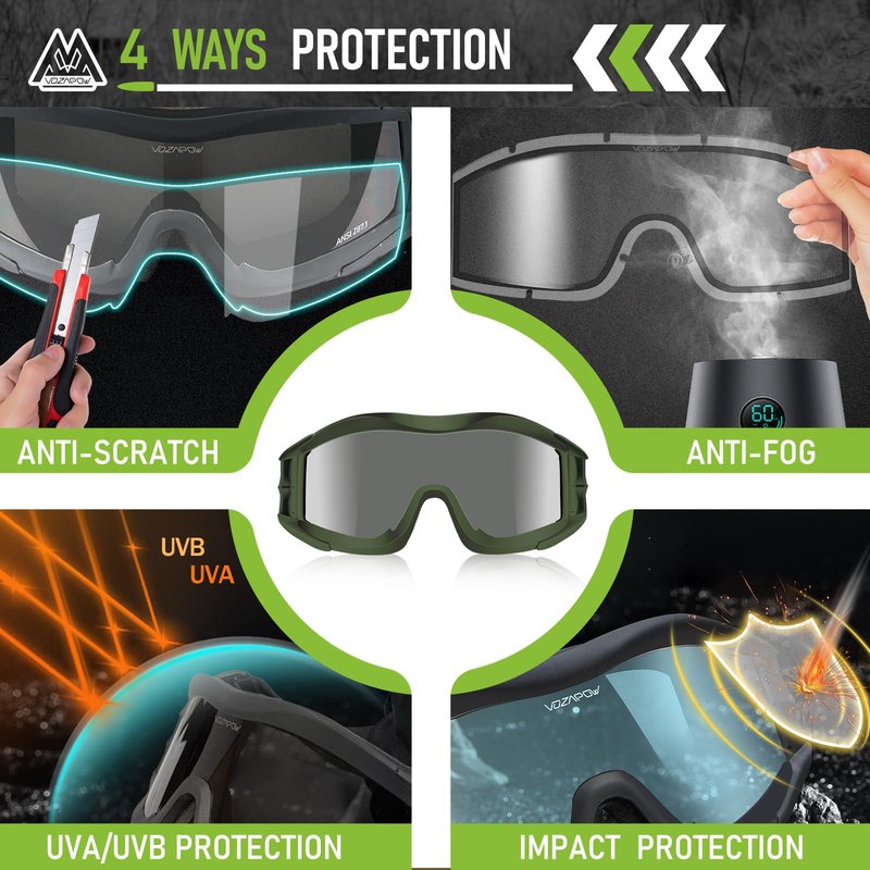 VOZAPOW Airsoft Goggles Anti Fog with ANSI Z87.1 Certified, Safety Goggles Impact Resistant, Tactical Shooting Glasses