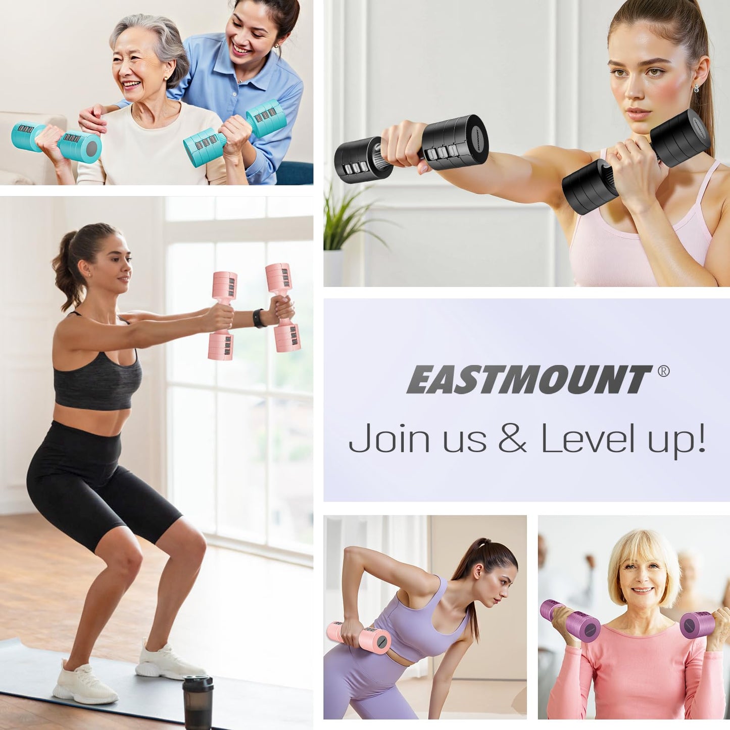 EAST MOUNT Adjustable Dumbbells 5 lb Dumbbells Set of 2 / Pair 10 lb Total Free Weights 6 in 1 Women Hand Weights for Home,Office,Gym Exercise Training 2lb 3lb 4lb 5lb Fast Adjust