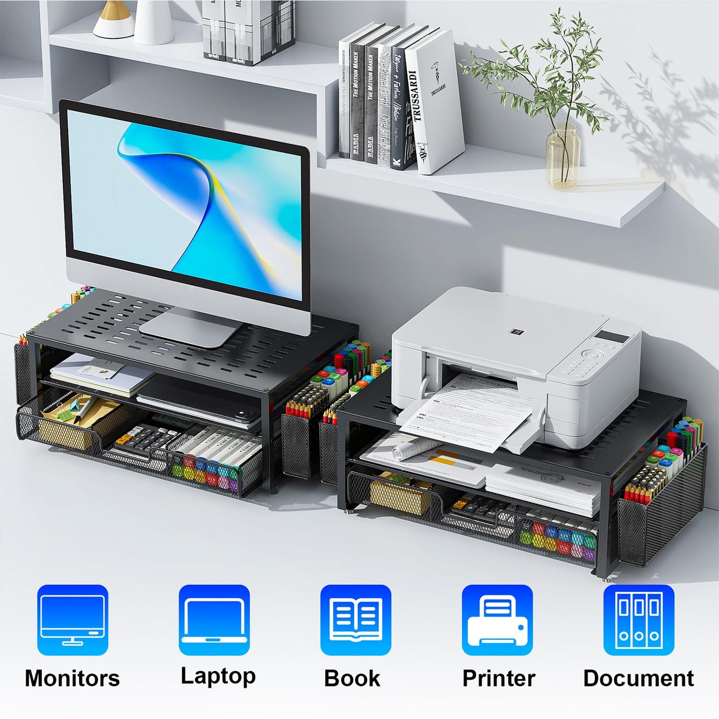 gianotter Desk Organizers and Accessories, Monitor Stand with Drawer and 2 Pen Holder, Desktop Organizer Suitable for Offices and Dormitories(Black)