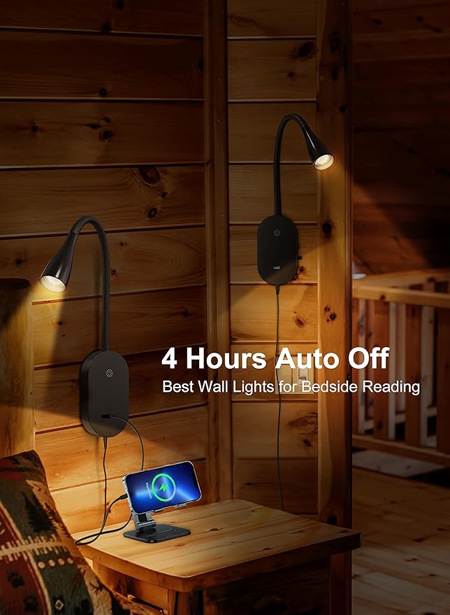 deeloop LED Wall Mount Reading Light for Bed, Reading Lamp with USB Output 5 Brightness Levels Touch Control Book Lights, 4000K Bedside Lamp Flexible Gooseneck, 2 Easy Install Options