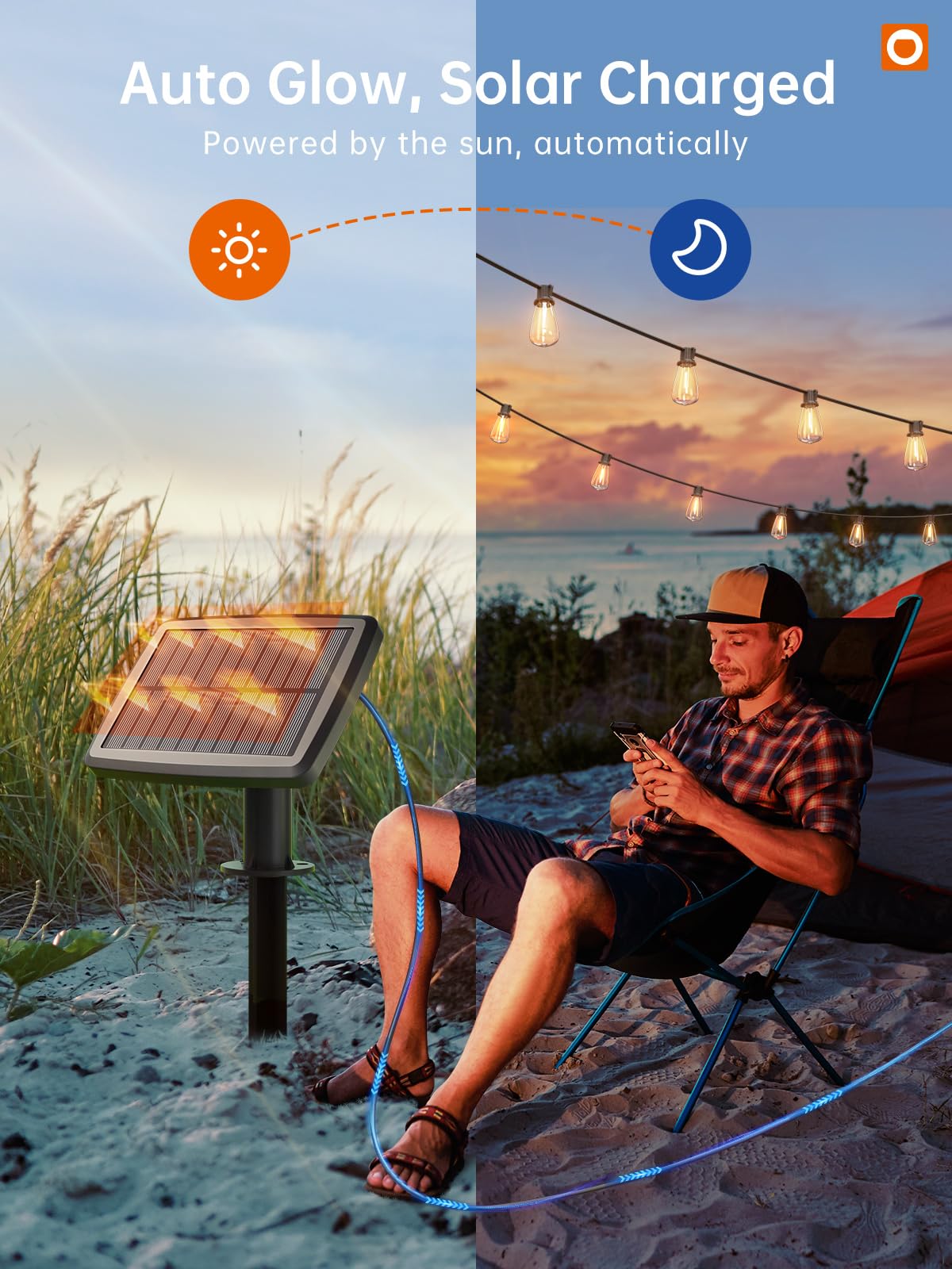 addlon 35FT Solar String Lights Outdoor, Waterproof Solar Powered with Remote & USB Port, 10+1 LED Shatterproof Bulbs, Dimmable Solar Light Outdoor for Camping Backyard Bistro Porch