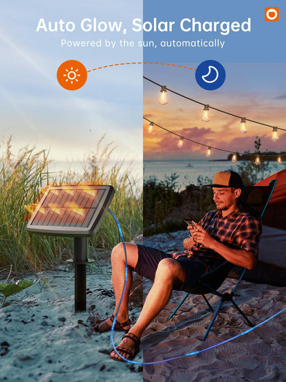 addlon 35FT Solar String Lights Outdoor, Waterproof Solar Powered with Remote & USB Port, 10+1 LED Shatterproof Bulbs, Dimmable Solar Light Outdoor for Camping Backyard Bistro Porch