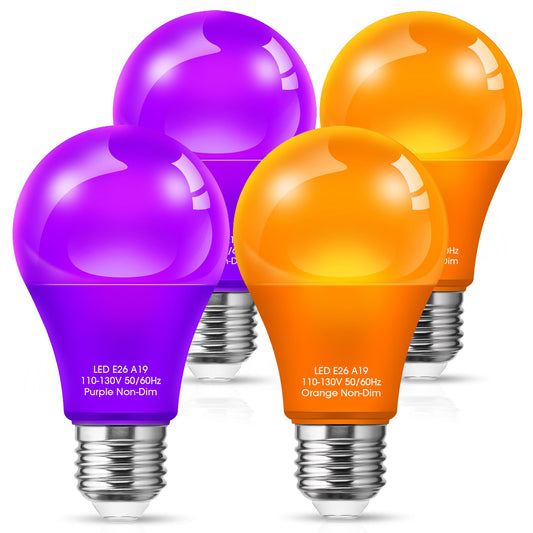 JandCase Halloween Orange Purple LED Light Bulbs Outdoor, [4 Pack] Orange Purple Halloween Light bulb 9W(60W Equivalent), E26 Base A19 LED Color Light Bulb, Halloween Decoration, Non-Dim