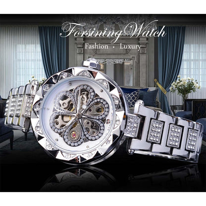 FORSINING Women Automatic Mechanical Watches Skeleton Steampunk Watch with Diamond and Carving Flower Craft Cold Watch for Women Minimalist Retro Design Mechanical Skeleton Wrist Watch Transparent