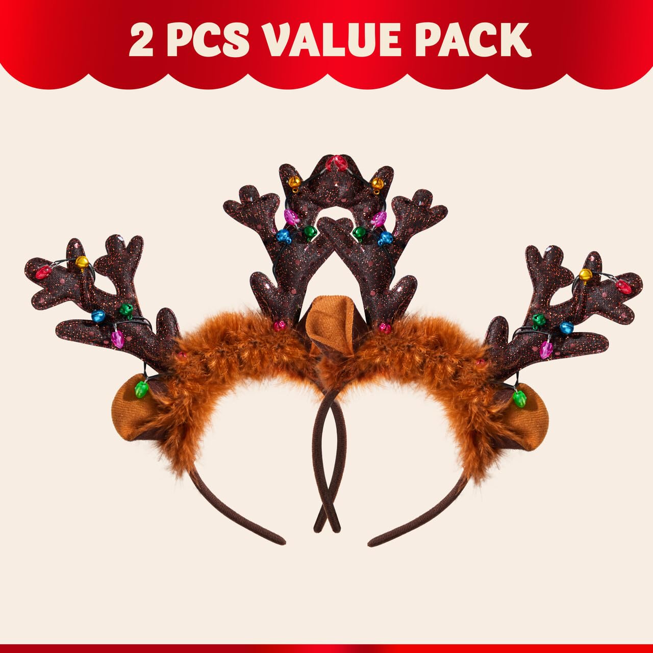 JOYIN Christmas 2PCS Reindeer Headband, Light-Up LED Antlers Reindeer Hat Holiday Headbands for Christmas Party Supplies and Holiday Parties Favors (ONE SIZE FITS ALL)