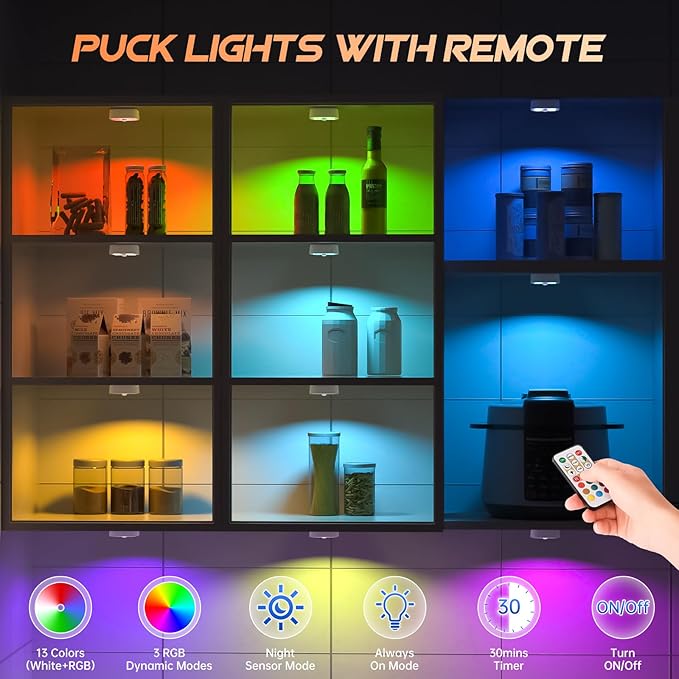 Wireless Step Light Rechargeable Puck Lights with Charging Station, RGB Motion Sensor Puck Light Under Cabinet Lighting with Remote Control, LED Closet Lights for Stair, Kitchen (6 Pcs)