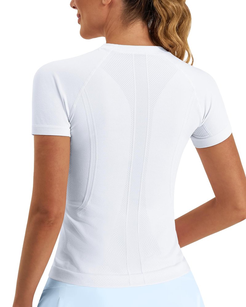 Stelle Women Workout Tops Short Sleeve Seamless Athletic Shirts Yoga Gym Sports Breathable Tees(White,S)