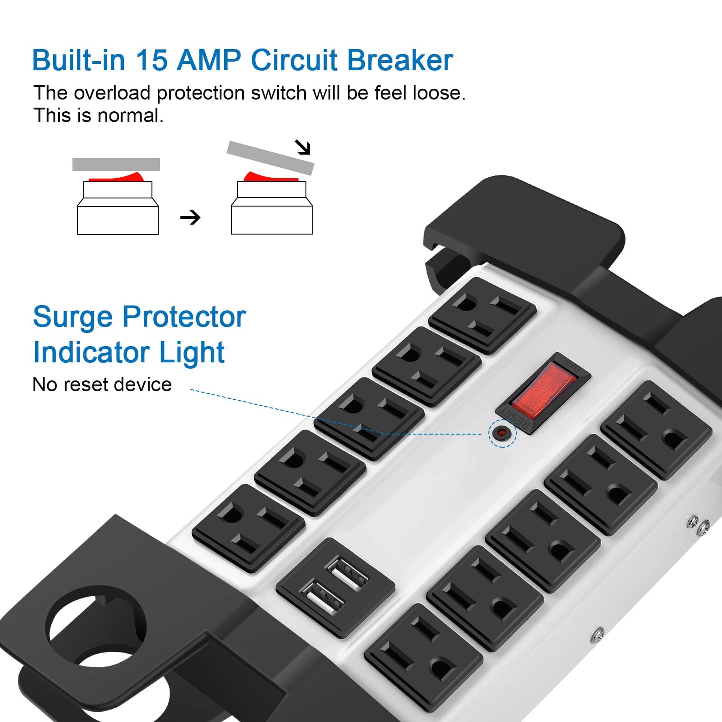 CCCEI Heavy Duty Power Strip with USB Ports, Garage 10 Outlets Surge Protector 2700 Joules, Industrial Workshop Metal 15Amp Multiple Outlets, 6 FT Extension Cord and Wide Spaced Grey.