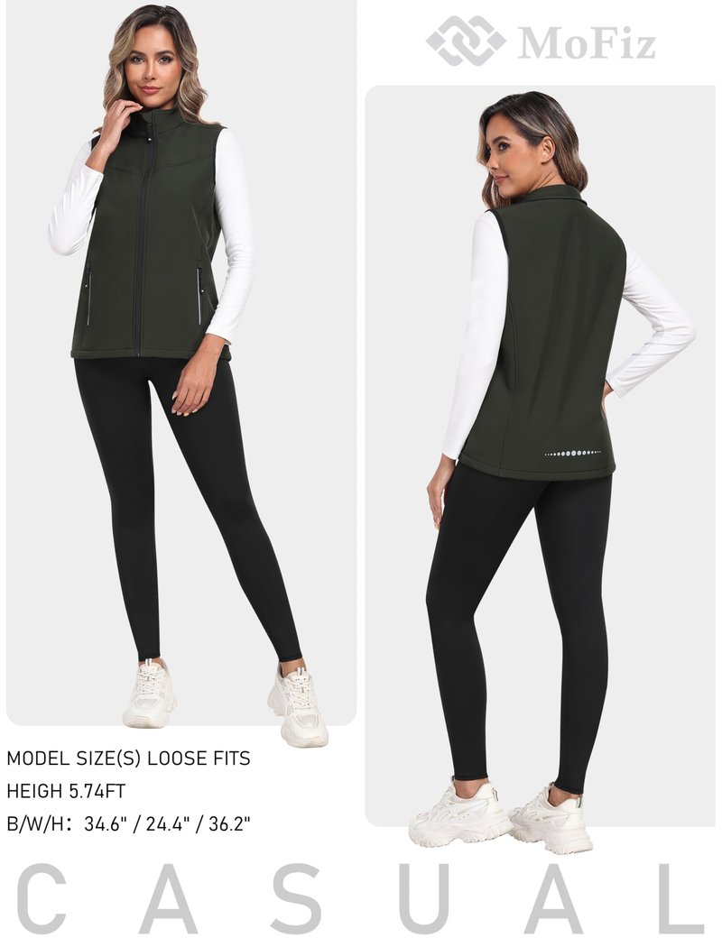 MoFiz Women's Lightweight Softshell Vest Windproof Fleece Lined Zip Up Sleeveless Insulated Jacket for Fall Winter Army Green M