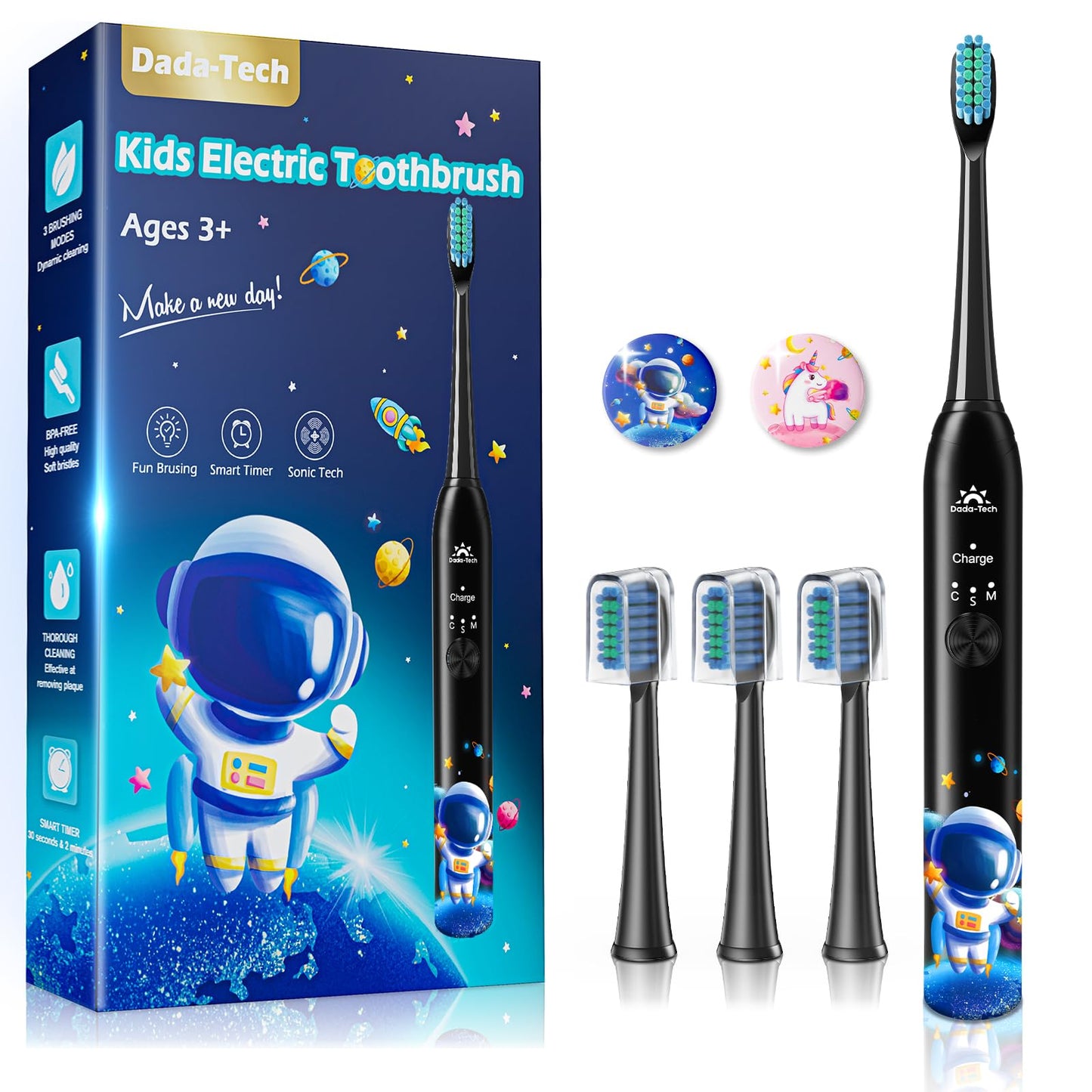 Kids Electric Toothbrush 3-5-6-12 Rechargeable Childrens Electric Toothbrush with Timer 3 Modes Habit-Forming Stickers 31000VPM Power for Boys Junior Kids Sonic Toothbrush (Astronaut Black)