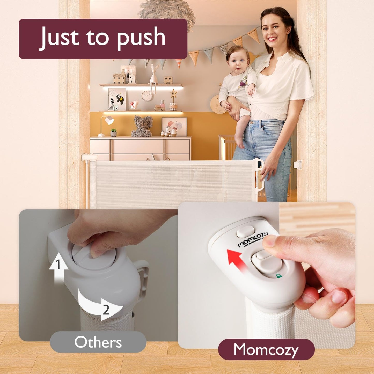 Momcozy Retractable Baby Gate, 33" Tall, Extends up to 55" Wide, Child Safety Baby Gates for Stairs, Doorways, Hallways, Indoor, Outdoor White