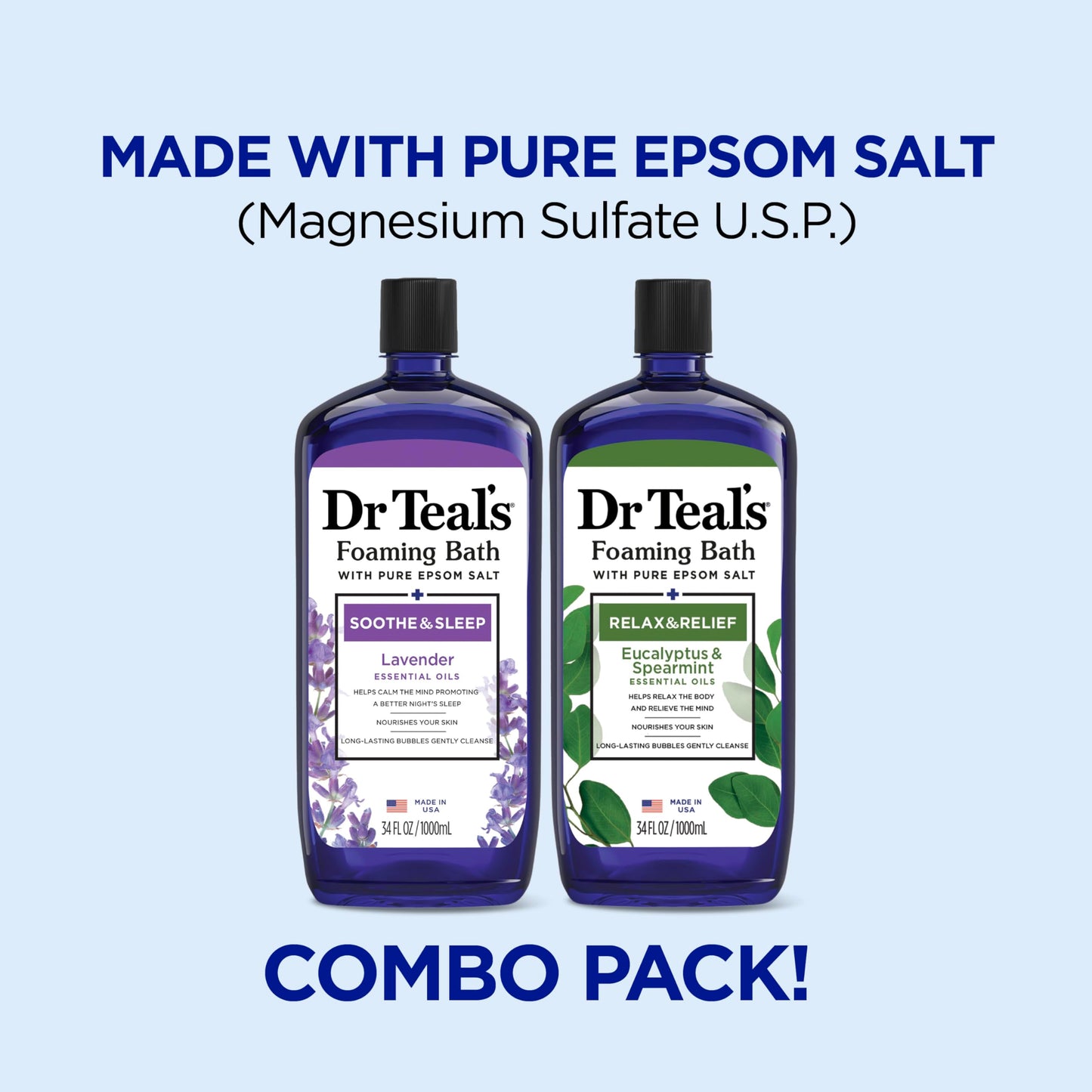 Dr Teal's Foaming Bath with Pure Epsom Salt, Relax & Relief with Eucalyptus & Spearmint, 34 fl oz (Pack of 2)