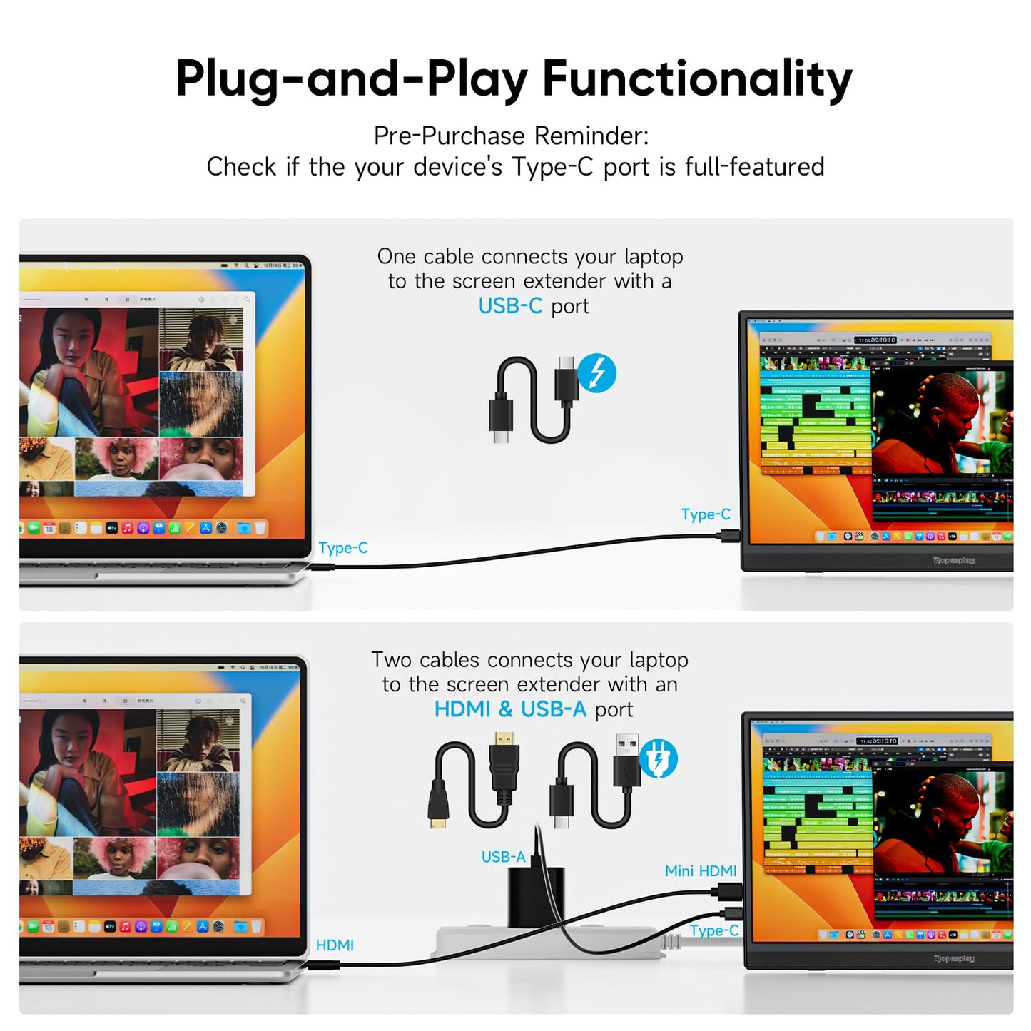 Dopesplay Portable Monitor 15.6'', 1080P FHD Travel Monitor for Laptop, USB-C/HDMI Portable Second Computer Display, Lightweight External Screen for PC Mac PS3/4/5 Xbox