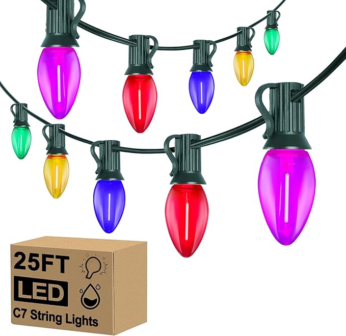 25Ft Multicolor C7 Vintage Outdoor String Lights with 27 LED Bulbs(2 Spare), Waterproof for Patio Garden Party Wedding Holiday Decorations-Green Wire