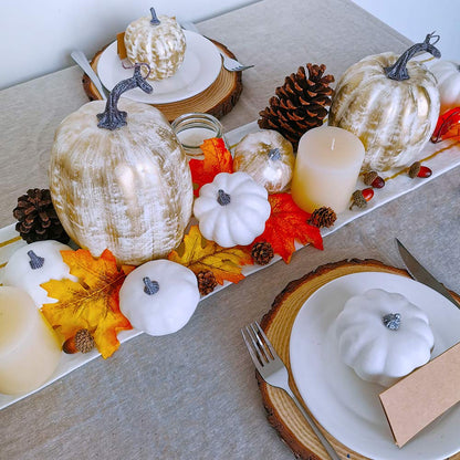 14 Pcs Assorted Fall Artificial Pumpkins Harvest Frosted Pumpkins Gold Brushed White Foam Pumpkins and White Faux Pumpkins for Fall Autumn Season Halloween Thanksgiving Harvest Holiday Season Festive