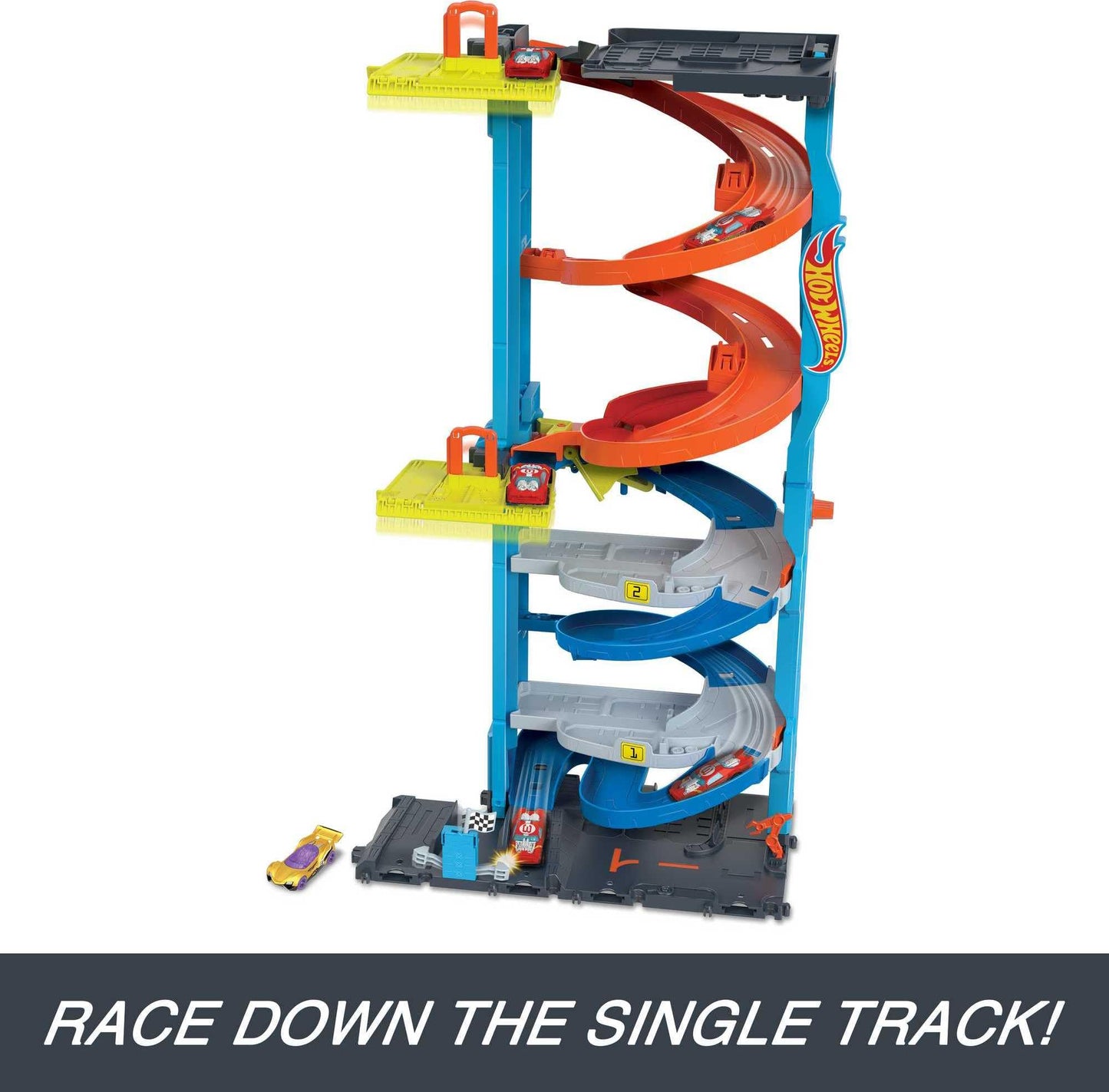 Hot Wheels City Racetrack, Transforming Race Tower, 2-in-1 Tower Mode or Race Mode for Single or Dual Racing, Includes 1 Toy Car in 1:64 Scale, Toys for Ages 3 and Up, One Pack, HKX43
