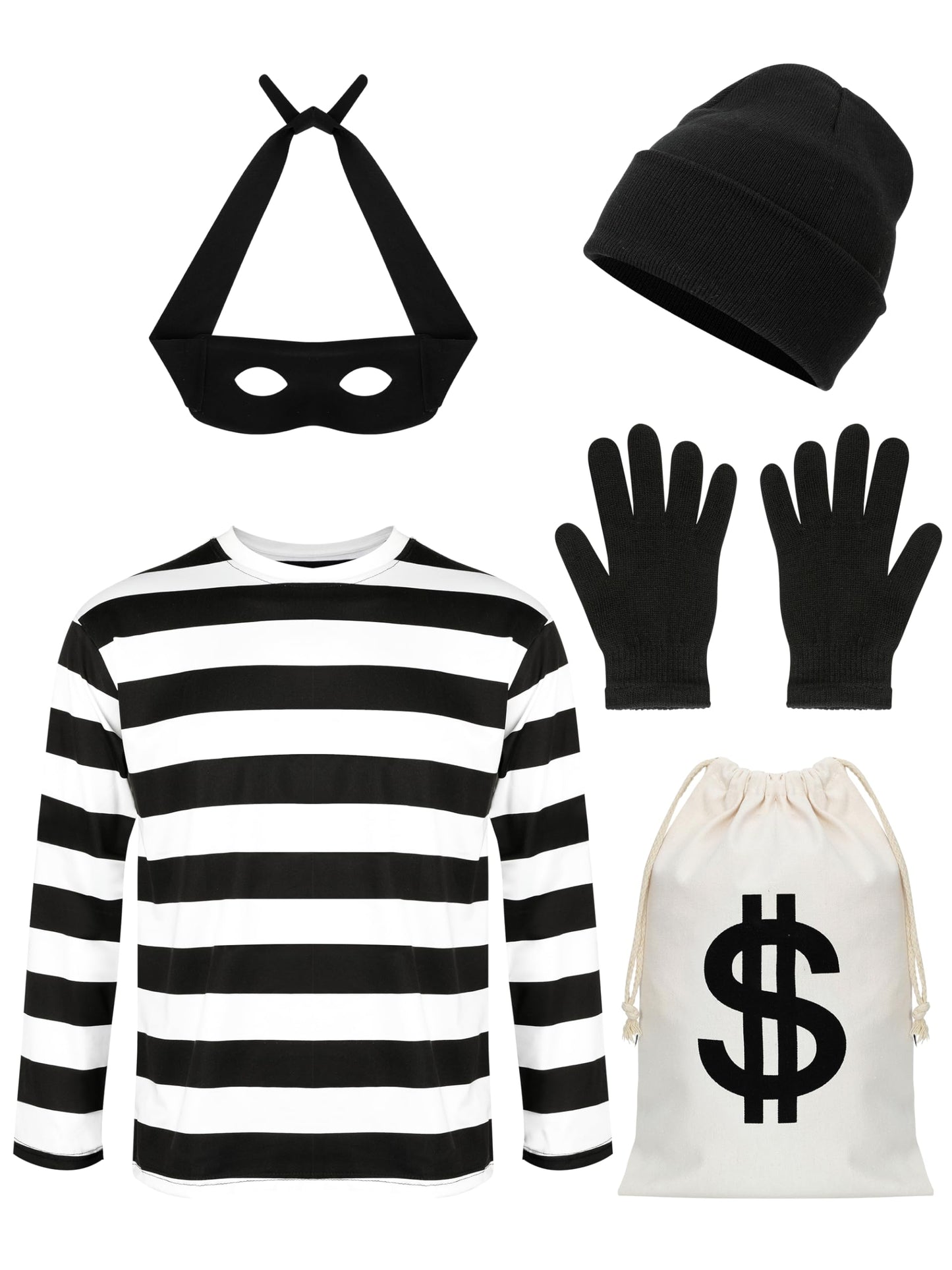 QZYL Robber Costume Set, M Unisex Thief Cosplay T Shirt Beanie Cap Gloves Eye Masks Money Bags for Halloween