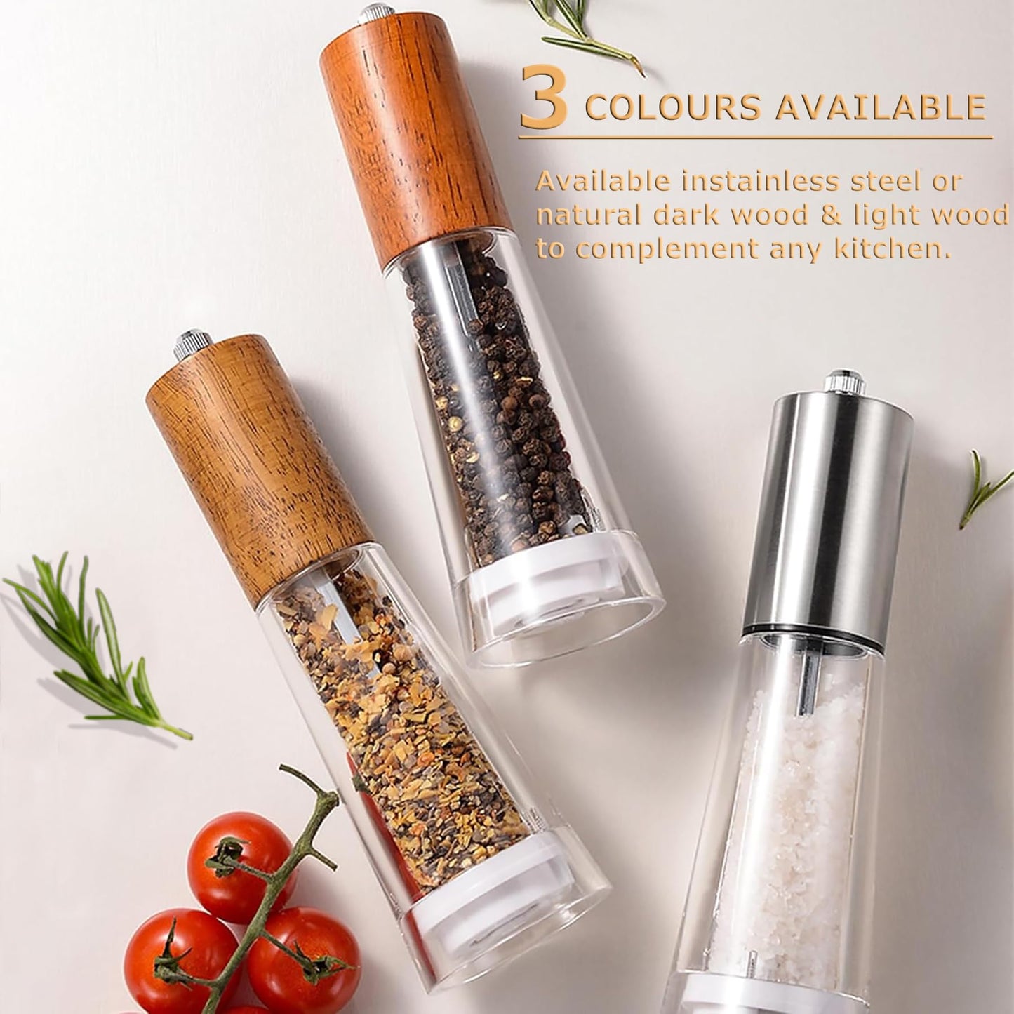 Salt and Pepper Grinder Set, Acrylic Pepper Mill with Adjustable Coarseness Wooden Pepper Grinder, Manual Salt Shake Refillable for Kitchen, Pack of 2 (Light Wood)