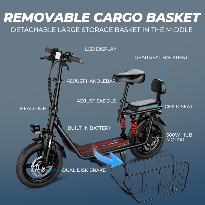 WINDHORSE C3 Adults Electric Scooter with Seat - 14” Tire, 500W Brushless Motor, 3 Speed Modes, Cruise Control, Dual Suspension, 25 Mile Range, 22MPH, Adjustable E-Scooter for Teens with Basket