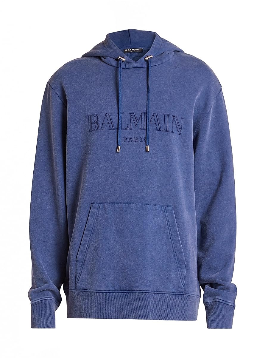 Balmain, Embroidered Logo Cotton Hoodie, Medium, Blueblue