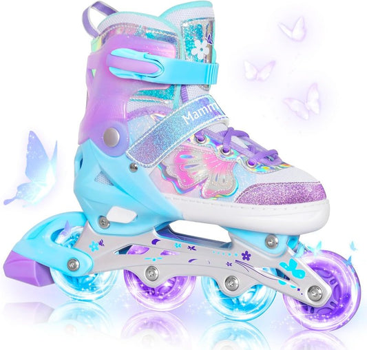 Inline Skates for Girls - Adjustable 4 Size Butterfly Roller Skates with Flashing Wheels | Indoor & Outdoor Use