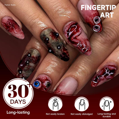 HOSAILY Halloween Press on Nails Short Almond Fake Nails 3D Blood Stain Eyeball Scar Horror Design Gothic False Nails for Party Cosplay Spooky Season Manicure, 30pcs Full Cover Glue on Nail for Women