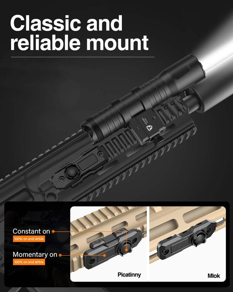 TOUGHSOUL Mlok Picatinny Tactical Flashlight 1250 Lumens, Rechargeable Flashlight with Remote Pressure Switch LED Light with Rechargeable Batteries and Charger Included (Picatinny Mounted)