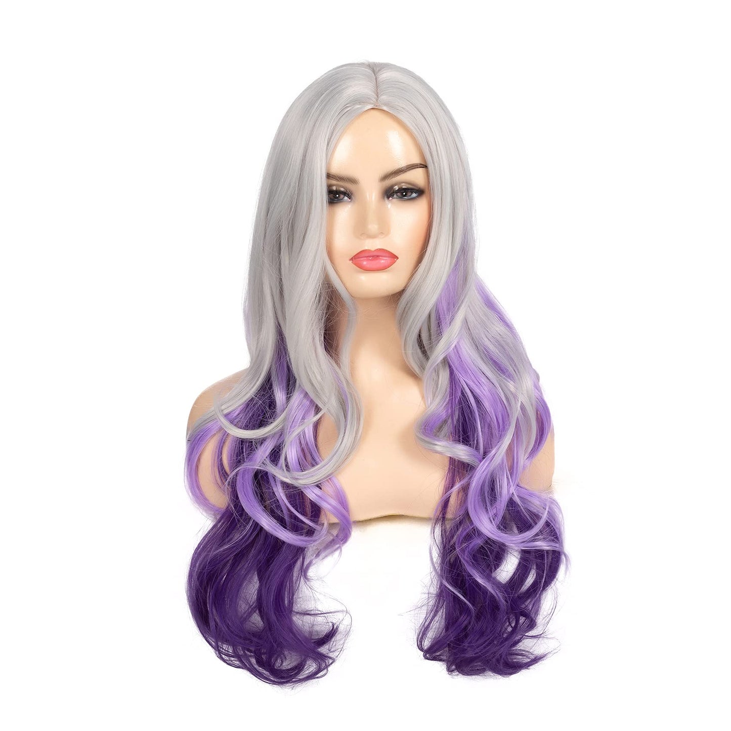 Beweig Long Curly Wavy Silver Grey to Purple Wig Side Part Natural Looking Synthetic Cosplay Wig for Women