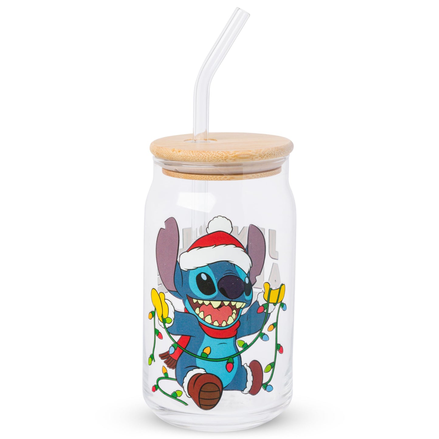 Silver Buffalo Disney Lilo and Stitch “Jingle All the Way” Glass Tumbler with Bamboo Lid and Glass Straw Featuring Stitch, 16 Ounces