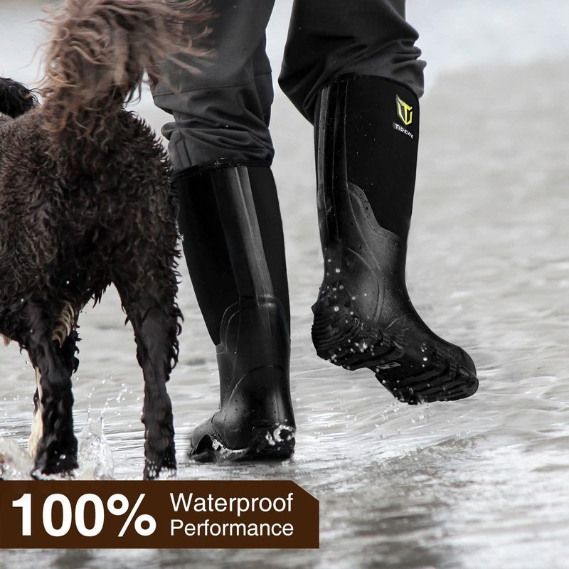 TIDEWE Rubber Boots for Men Multi-Season, Waterproof Rain Boots with Steel Shank, 6mm Neoprene Sturdy Rubber Outdoor Hunting Boots Size 9 (Black)