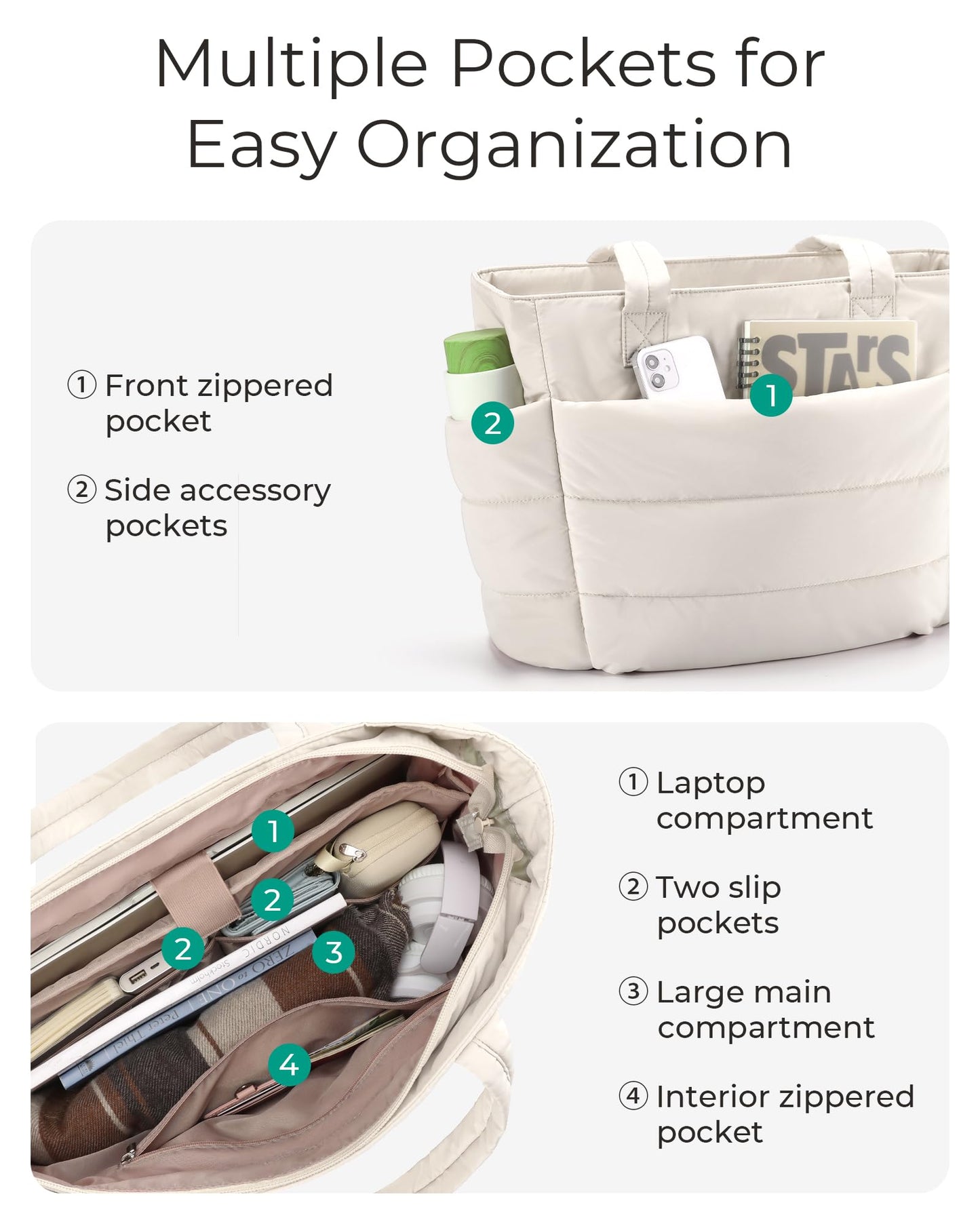 BAGSMART Tote Bag for Women, Lightweight Puffy Tote Bag with Compartments Shoulder Bag Handbag Quilted Shoulder Bag Handbag for Travel, Work, Beach, Gym, Shop(Beige)