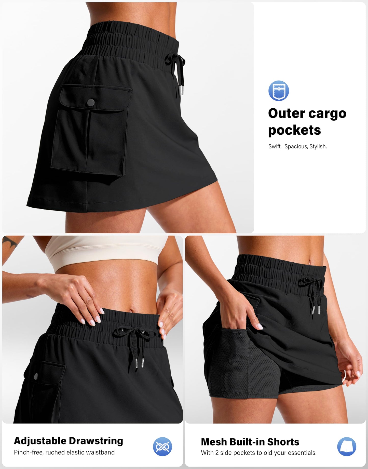 SANTINY 14" Cargo Skorts for Women with 4 Pockets Drawstring High Waisted Golf Hiking Skirt for Casual Summer Travel (Black_M)